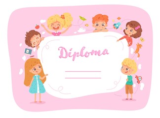 School or kindergarten diploma for kids. Preschool pink certificate of graduation or award. Education gift blank template vector illustration. Document design with happy children