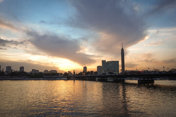 Fototapeta na wymiar Nile river and silhouettes during sunset - Cairo, Egypt