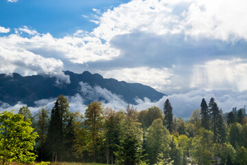 Mountain landscape with cloudy sky, krasnaya polyana, sochi, russia