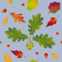 Seamless pattern colorful leaves, rowan berries, oak leaves and acorns. Autumn background with colorful autumn leaves. © LOKKA