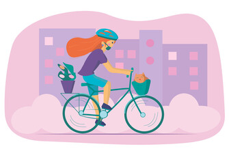 Girl with mask rides a bike with cat and plant. Vector illustration.