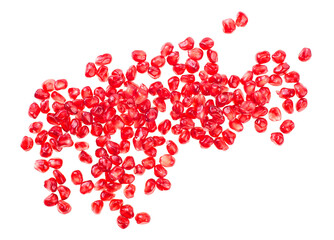 Pomegranate seeds isolated on a white background, top view.