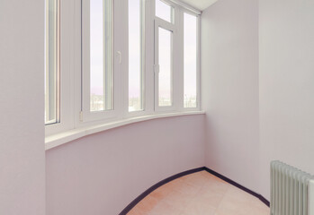 Large clean glass sliding white plastic balcony room with window and copy space.
