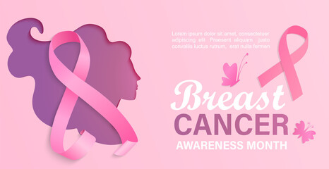 Breast cancer awareness month, card, flyer, banner with woman silhouette in papercut style.Poster for world preventive health care iniative.Paper cut face with ribbon.Template for design.Vector.