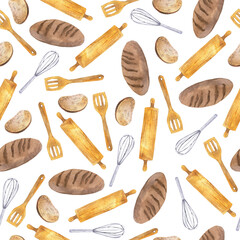 Seamless pattern with bread, wood shovel, plunger and whisk on white background. Hand drawn watercolor illustration.