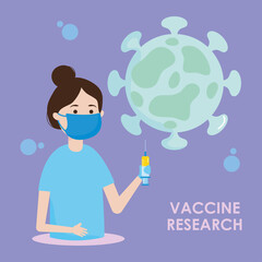 Vaccine research design with scientist woman holding a syringe and virus icon
