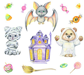 A bear in a Ghost costume, a kitten in a mummy costume, a house with ghosts, a broom and candy. Watercolor set, isolated background, Halloween party.