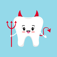 Cute tooth emoji devil isolated on blue background. Flat design cartoon kawaii style smiling character in evil with horns, tail and trident carnival costume vector illustration.
