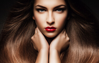 Fototapeta premium Beautiful woman with long hair and red lips