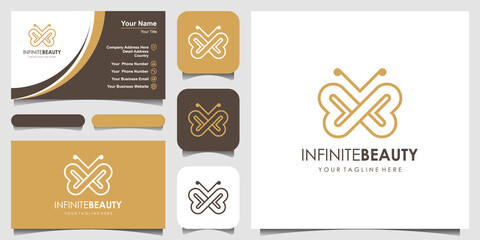 Naklejka premium minimalist golden butterfly line art monogram shape logo. Beauty, luxury spa style. logo design, icon and business card.
