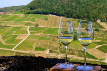 Tasting of white or jaune Jura wine on vineyards near Chateau-Chalon village in Jura region, France