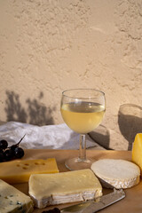 Tasting and pairing of cold white wine with different cheeses in sunny Provence, France