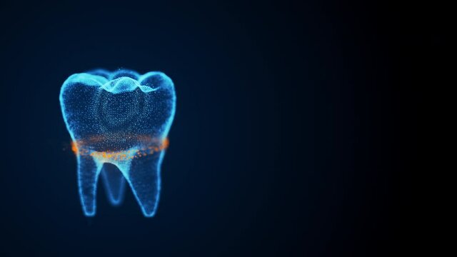 Isolated rotating tooth costructed with glowing points and orange scanning line analyze dental structurefrom top to bottom. Digital tooth anatomy model. Oral health care concept.