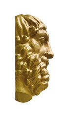 Decorative golden head of antique god isolated on white background. Design element with clipping path
