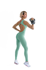 Fototapeta premium Fitness woman do kettlebell swing and kettlebell snatch. Crossfit training. Isolated on white background.