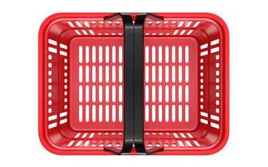 Top view of a Red empty customer plastic shopping basket. 3d rendering illustration isolated on white background.