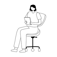 young woman with book sitting on office chair isolated design white background line style