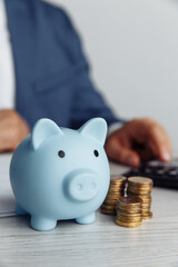 Piggy bank and coins on wooden desk in office. Save money and management financial concept.