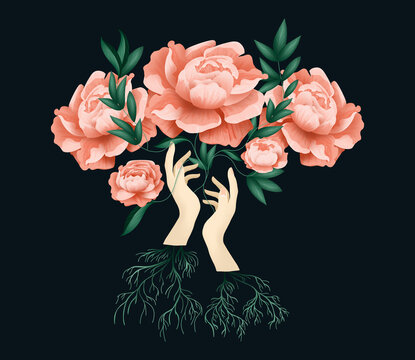 abstract and surreal illustration of hands holding a Peony flower