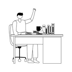 man working at desk with books and coffee cup isolated design white background line style