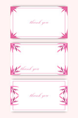 Greeting card template. Thank you cards set, pink business card for flower shop or note for wedding, birthday. Flower frames design.