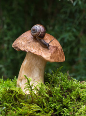 Macro photo of small brown snail sitting on the hat of a cep mushroom growing in the green mosses.