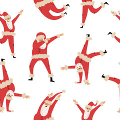 Set of happy dancing Santa Clauses in medical face mask and latex gloves in various pas like dabbing,jumping,break dance