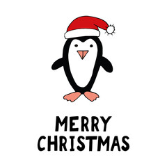 penguin in santa claus hat hand drawn doodle and lettering merry christmas. template for design icon, sticker, card, poster. scandinavian, minimalism, animal, cute, funny