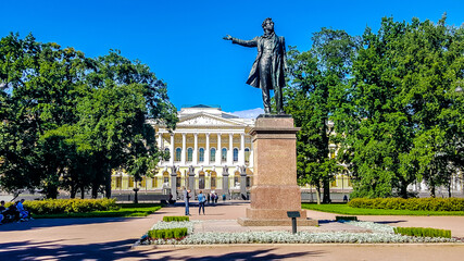 Monument to the great russian poet Alexander Pushkin on Arts Square and The State Russian Museum on...