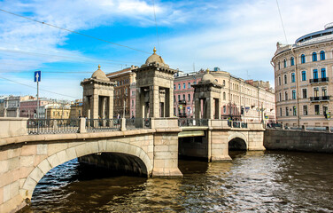 Fototapeta na wymiar Lomonosovsky Bridge over Fontanka River. St. Petersburg, Russia