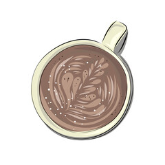 Drinks cups of coffee and tea. Mugs of aromatic cappuccino and americano with milk, drawings, scribble foam. Hand drawn cartoon style flat drinks. Top view.