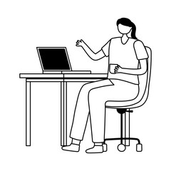 employee woman interior office desk chair and coffee cup line style