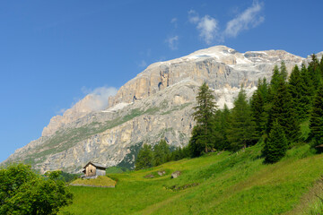 Fototapeta premium Mountain landscape along the road to Campolongo pass, Dolomites