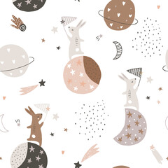Materiał do szycia Seamless childish pattern with catching stars cute bunnies characters, planets, moon, stars. Vector illustration