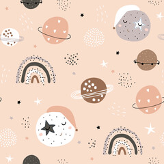 Seamless childish pattern with planets in sleeping hats, rainbows. Trendy space texture for fabric, apparel, textile, wallpaper. Vector illustration
