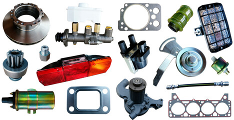 Auto spare parts car on the white background. Set with many isolated items for shop or aftermarket.