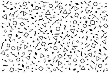 Abstract geometric memphis style icons vector set, simple shapes pattern in black and white color. Monochrome simple seamless mosaic ornamental vector design, minimalist geometric pattern print