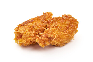 Fried chicken strips in breadcrumbs, isolated on white background