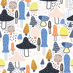 Abstarct seamless pattern with mushrooms. Creative vector childish background for fabric, textile