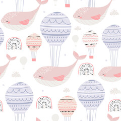 Seamless childish pattern with pink sleeping whales hot air balloons. Creative kids hand drawn texture for fabric, wrapping, textile, wallpaper, apparel. Vector illustration © solodkayamari