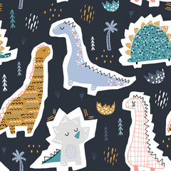 Childish seamless pattern with hand drawn funny dinosaurs. Creative vector childish background for fabric, textile © solodkayamari