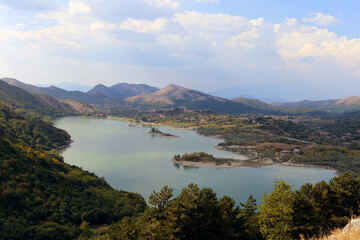 Letino, Italy - September 17, 2020 - Panorama of Gallo Matese and the Gallo lake with a view from Letino