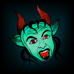 Green scary devil. Vector illustration
