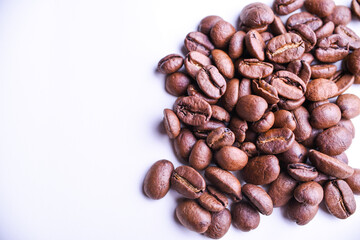 Roasted coffee beans background. Top view. Copy space