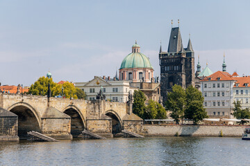 Charles Bridge over the Vltava river with old town tower, Prague, Czech Republic