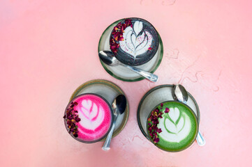 Different Healthy Super Lattes in cafe