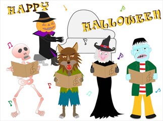 ジャックオーランタンや狼男たちが音楽会を開いてハロウィンを祝っている。