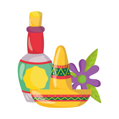 mexican independence day, tequila bottle drink hat and flower, viva mexico is celebrated on september