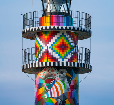 Cabo de Ajo Lighthouse painted by the painter Okuda San Miguel, specialized in Urban Art. Ajo, Bareyo Municipality, Cantabria, Cantabrian Sea, Spain, Europe