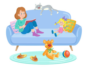 A cute little girl sits and reads book with a cat and toys. In cartoon style. Isolated on white background. Vector flat illustration.